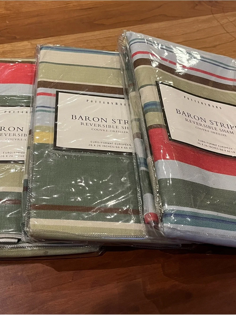3 x Pottery Barn “Baron” Stripe Reversible Euro Shams - Multi Stripe - NWT